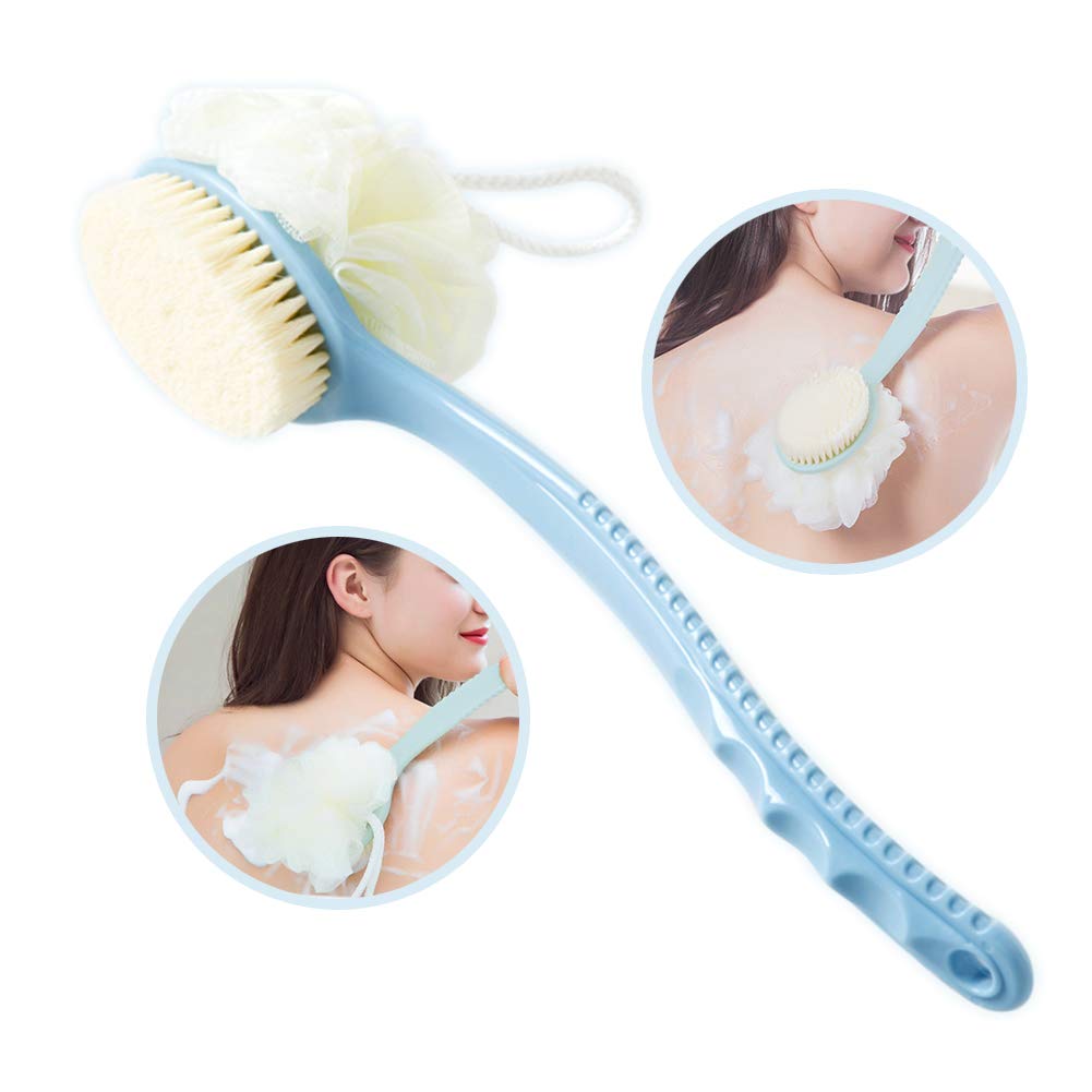 Shower Body Brush with Bristles and Loofah, Back Scrubber Bath Mesh Sponge with Curved Long Handle for Skin Exfoliating Bath, Massage Bristles Suitable for Wet or Dry, Men and Women (Blue) : Beauty