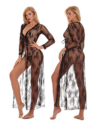 cunlin Women Sexy See Through Lace Gown Kimono Cover Up Sleepwear Set Plus Size Dress Maternity Pregnant Robe Black S