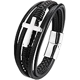 REchoLI Cross Bracelet for Men,Silver Cross Multi-Layer Braided Leather Black Religious Bracelet with Stainless Steel Buckle Christian Jewelry 21 cm/8.26 inches