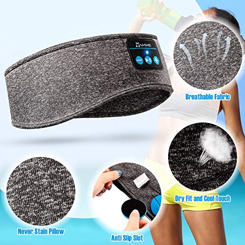 Sleep Headphones Bluetooth Headband, HiFi Wireless Bluetooth 5.0 Music Headband Elastic Sports Headband Headphones with Built-in Thin Headphones for Running Yoga Travel Side Sleepers (Grey)