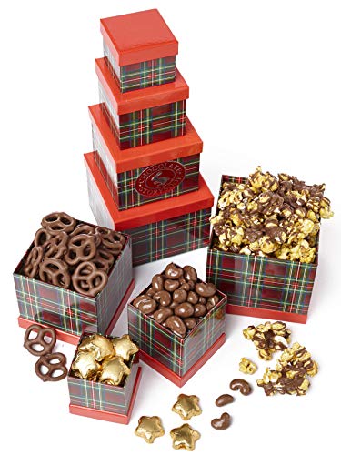 Plaid Tidings Holiday Gourmet Chocolate Tower – Assorted Candies, Unique Christmas Gift, Festive Desserts, Novelty Themed Sweets