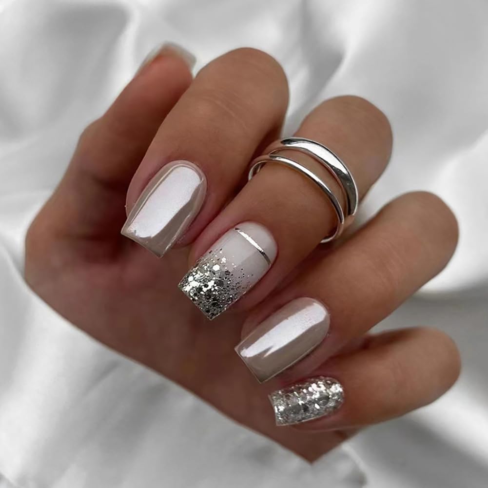 Clataly 24 Pcs Square Nail Silver Glitter Powder Fake Nails Press on False Nails Daily Wear Artificial Nails for Women and Girls