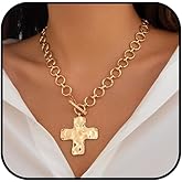KONPJE Chunky Cross Necklace for Women Gold/Silver Chunky Cross Pendant Necklace Layered Heart Toggle Statement Cross Necklace Hammered Thick Cross Chain Necklace Jewelry
