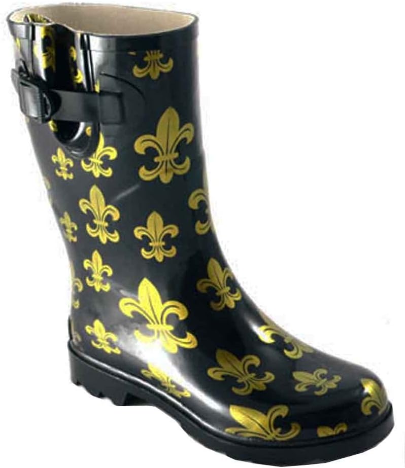 Corky's Cloud Black and Gold Fleur De Lis Rain Boot,7 B(M) US,Multicoloured
