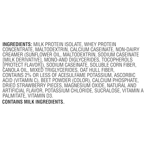 MUSCLE MILK GENUINE PROTEIN POWDER, STRAWBERRIES ‘N CRÈME, 1.93 POUNDS, 13 SERVINGS, 32G PROTEIN, 3G SUGAR, CALCIUM, VITAMINS A, C & D, NSF CERTIFIED FOR SPORT, ENERGIZING SNACK, PACKAGING MAY VARY