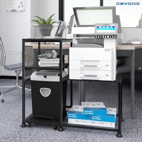 DAYONG Printer Stand with Storage Shelves, Heavy Duty Printer Cabinet, 3-Tier Office Organiser, Printer Shredder Stand for Home Office, Table for Fax Machine/PC Tower (Black)