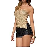 Women Sequins Tube Top Sexy Strapless Sparkly Split Hem Vest Shiny Glitter Going Out Bandeau Crop Tops 90s Streetwear