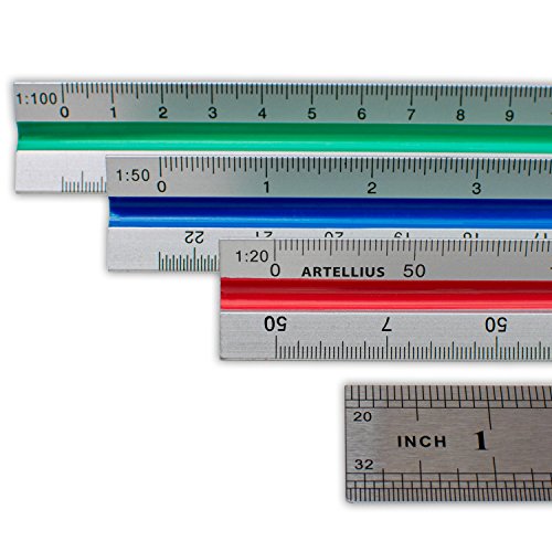 Artellius 12â€ Triangular Engineer Scale Ruler (PROFESSIONAL GRADE METAL) Color Coded Engineering Scale (Metric Measurements) FREE 12â€ METAL STANDARD RULER