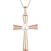 YL Cross Necklace 925 Sterling Silver Halo Freshwater Pearls Pendant Polished Religious Jewelry for Women
