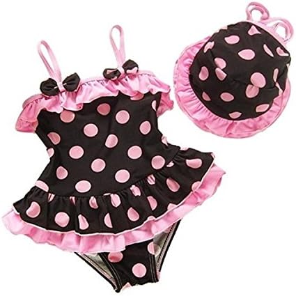 Baby Kids Girl Polka Dot Bow One-piece Swimsuits and Hat 2pc (2T, Pink&amp;Brown)