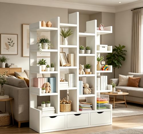 KINTOP Librero Organizador de 5 Niveles, Librero Esquinero con 3 Cajones y 20 Compartimentos, Libreros de Madera Minimalista para Hogar, Oficina y Dormitorio（Blanco 79.3 x 18 x 151 CM）