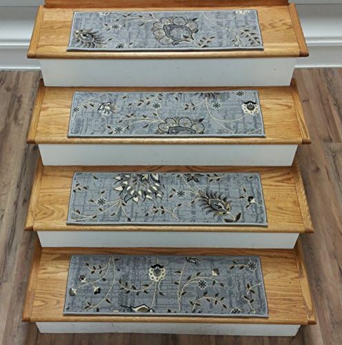 174378 - Rug Depot Transitional Carpet Stair Treads - Set of 13 Stair Treads 27" x 9" - Slate Grey Background - 100% Polypropylene - Kane Milano 92 D'argento - Custom Made Stair Treads