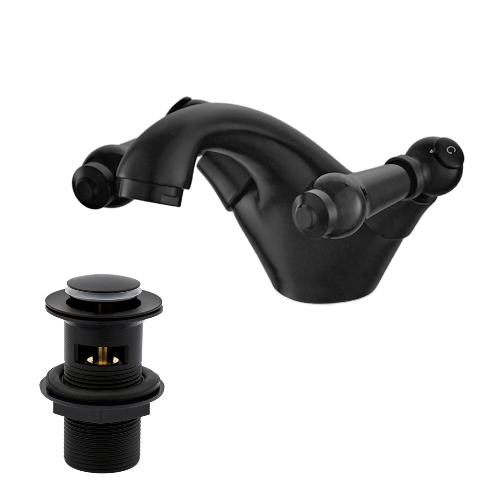 Matte Black Victoria Bathroom Sink Tap for Basin with Pop Up Sink Plug Dual Handle Brass Swan Neck Bathroom Tap Mixer Traditional Basin Mixer Tap 032ABK