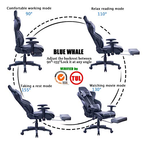 Blue Whale Gaming Chair with Adjustable Massage Lumbar Pillow,Retractable Footrest and Headrest -Racing Ergonomic High-Back PU Leather Office Computer Executive Desk Chair 8239Grey