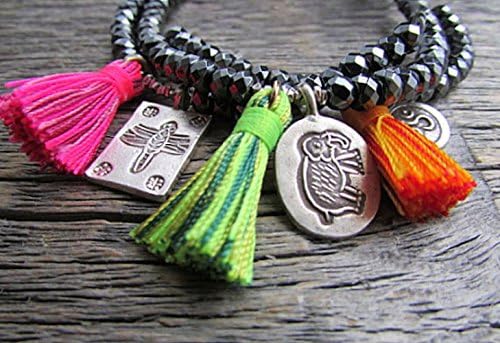 Earthwatersol Gypsy Boho Tassel Elephant Dragonfly Lotus Yin-Yang Om Hematite Vegan Beaded Stack Bracelet