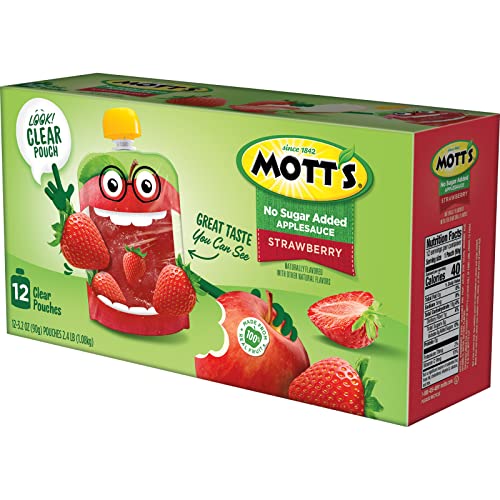 MOTT’S NO SUGAR ADDED STRAWBERRY APPLESAUCE, 3.2 OZ CLEAR POUCHES, 12 COUNT