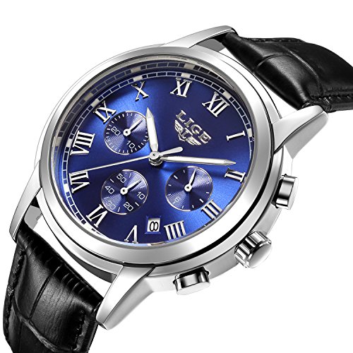 Watch Men Leather Strap Watches Men's Chronograph Waterproof Sport Date Quartz Wrist watch blue