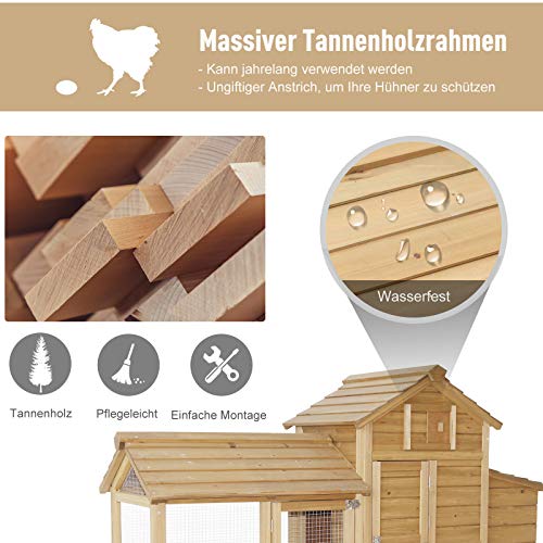 PawHut Zwerghühnerstall Zwerghühnerhaus mit Nistkasten Zwerghühnervoliere Auslauf Geflügelstall mit Rampe Tannenholz Natur 150,5 x 54 x 87 cm – Bild 6