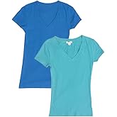 Zenana Outfitters Trendyfriday Women's Must Have Basic V-Neck T-Shisrts (Large, 2 Pack: S Teal, B Blue)