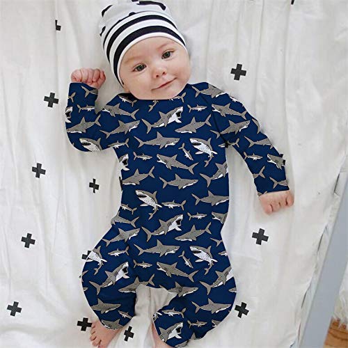 Kids4ever Shark Printed Baby Coveralls Lap Shoulder Pajamas Jumpsuit Long Sleeve Romper