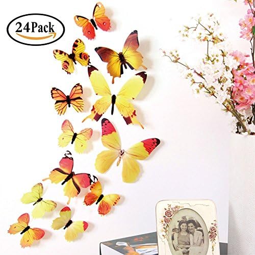 Neele 24 PCS 3D Butterfly Removable Mural Stickers Wall Stickers Decal Wall Decor for Home and Room Decoration (Yellow)