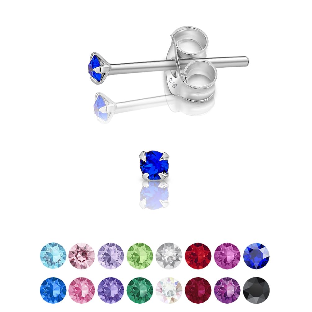 925 Sterling Silver Round Tiny Stud Earrings made with Glittering Crystals - Small Silver Studs Earrings for Woman - Diameter: 2 mm - Colour : Majectic Blue
