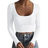 Artfish Women's Square Neck Long Sleeve Ribbed Slim Fitted Casual Basic Crop Top