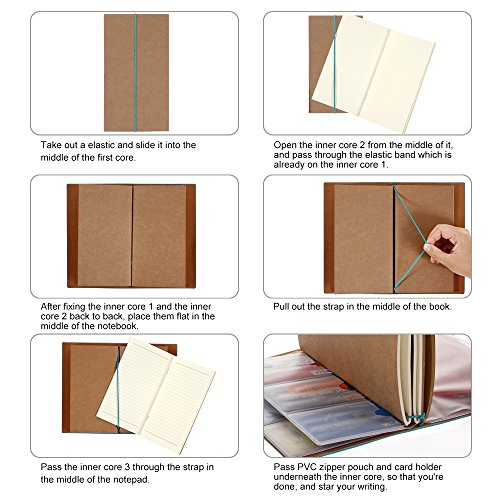 Leather Journal, Vintage Refillable Travelers Notebook with Line Paper+ 1 PVC Zipper Pocket +18 Card Holder for Women 4.7 X 7.9in (Blue)