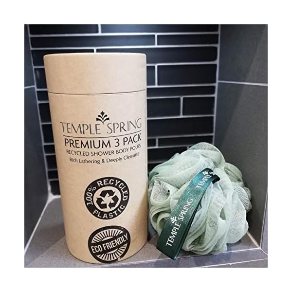 Temple Spring, Eco Recycled Shower Pouf, Bath Loofah, Body Brush, Mesh Sponge, Exfoliating Bath Scrunchie, Multi Pack…