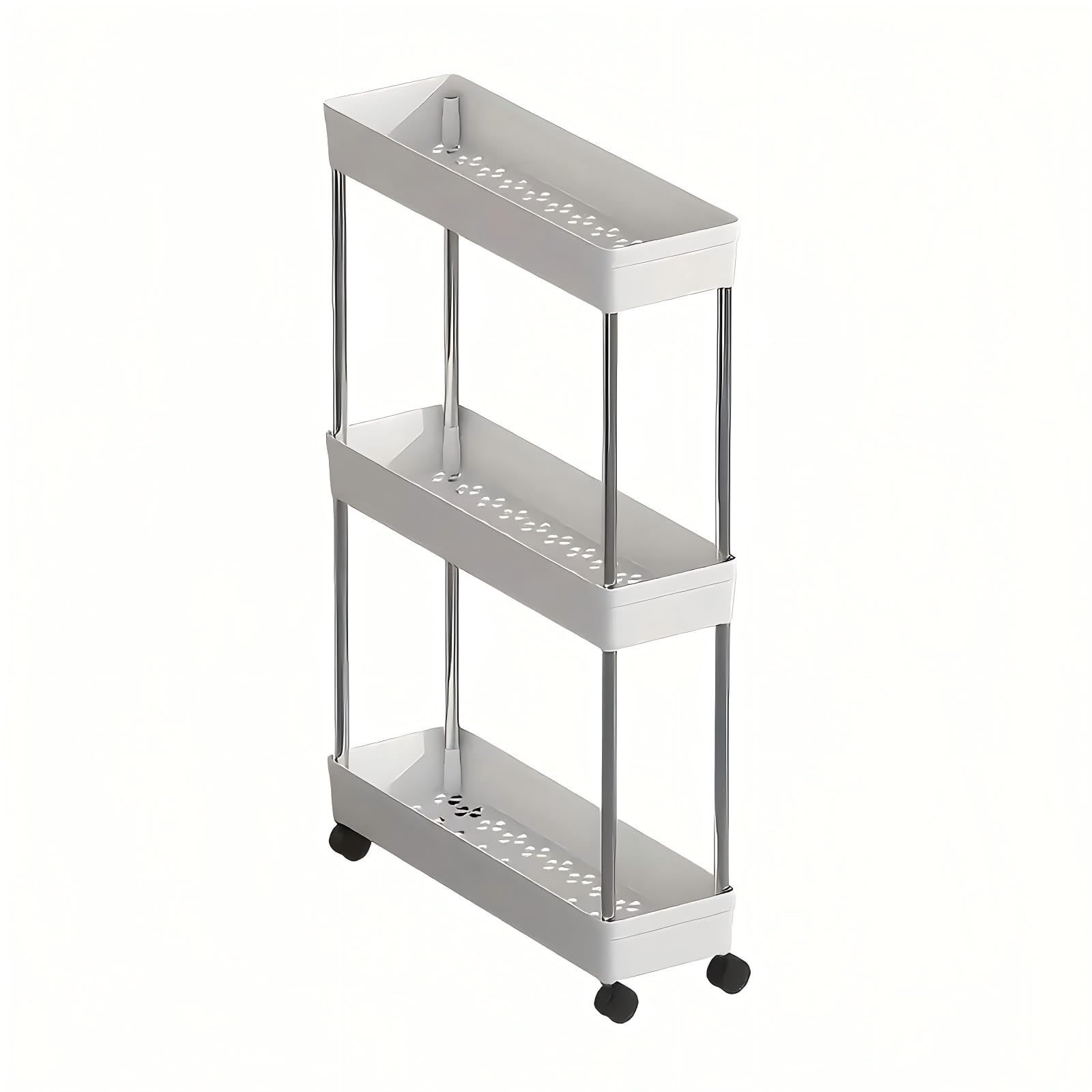 Multipurpose Rolling Trolley, Removable Storage Organizer Rack Shelf With Wheels for Bathroom Bedroom Kitchen Laundry Fruit Vegetable Snack Sundries Cosmetics Toiletries (White 3 Tiers,Narrow)