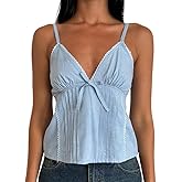 Women Y2k Babydoll Tank Tops Lace Trim V Neck Crop Cami Spaghetti Strap Peplum Top Summer Cute Aesthetic Flowy Shirts
