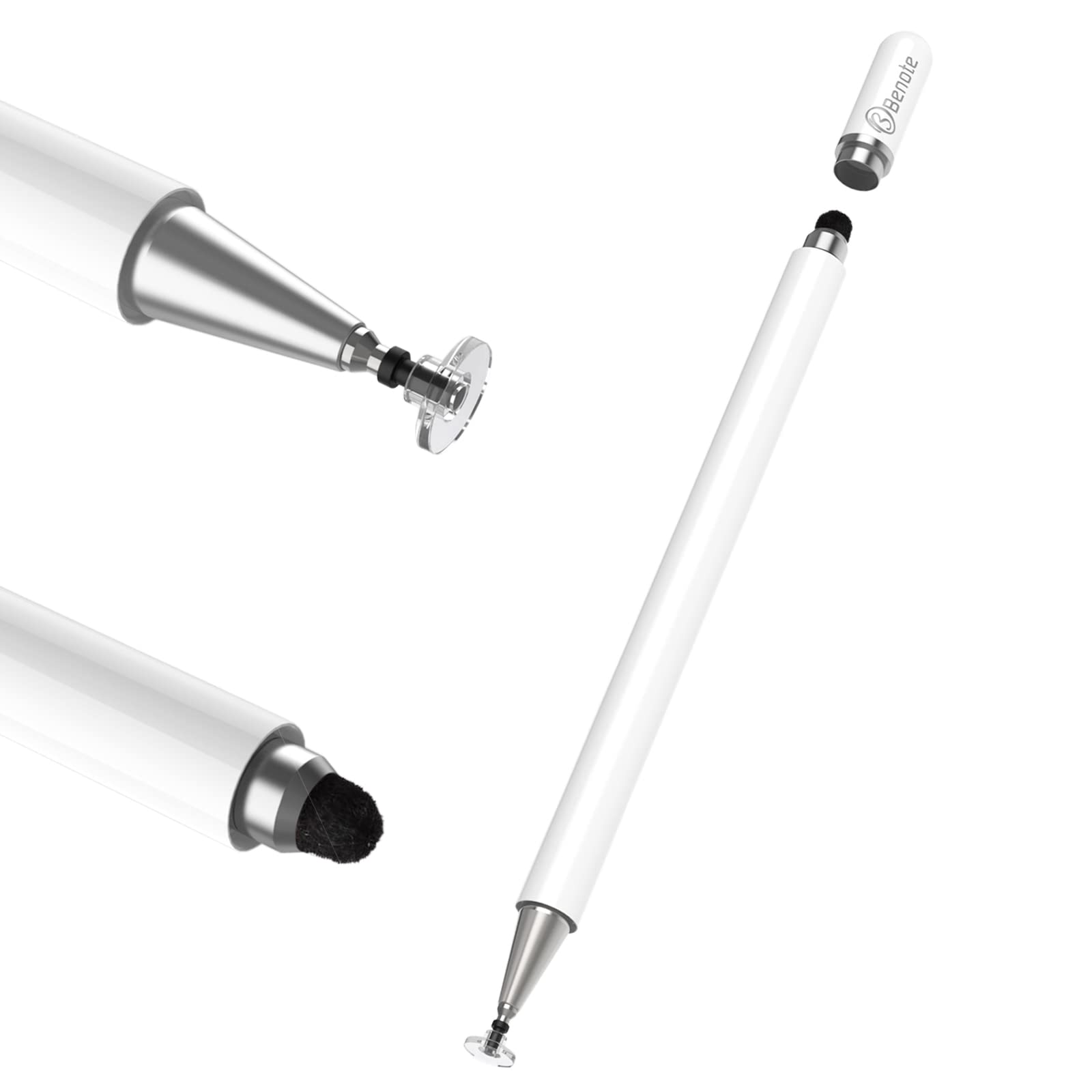 Stylus for Touch Screens - High Sensitivity Capacitive Pen with 2-in-1 Disc & Fiber Tips Fine Point, Compatible with iPad, iPhone, Apple, Mini, Air, Android and More (White)