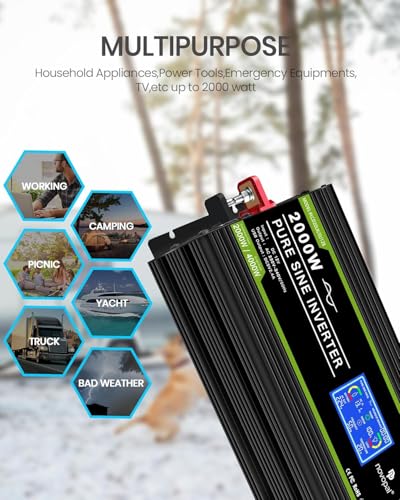 NOVOPAL Pure Sinus 2000W Inverter Converter 12V 230V with Remote Control and Dual AC Sockets and LCD Screen, for Car, Caravan, Boat, Camping, Travel