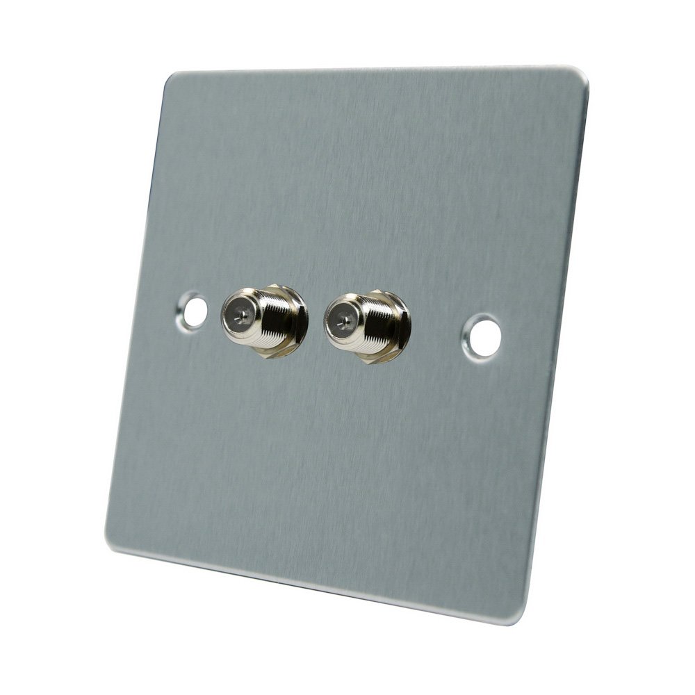 AET FSC2GSKY Satin Chrome Flat 2 Gang Sky Twin F Type Socket for Satellite Outlets, 240 V