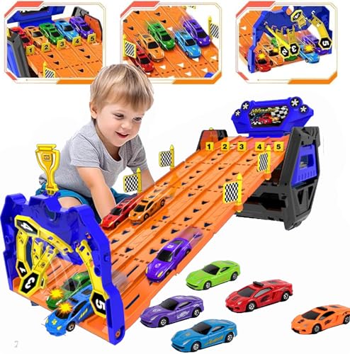 AM ANNA Toddler Toys for 3 4 5 6 Years Old Boys Birthday Gift, Portable Race Track Truck Toy Car with 5 Race Cars & 5 Tracks Transport, Best Gift Carrier Truck Vehicles Toys Set for Kids,Truck Car