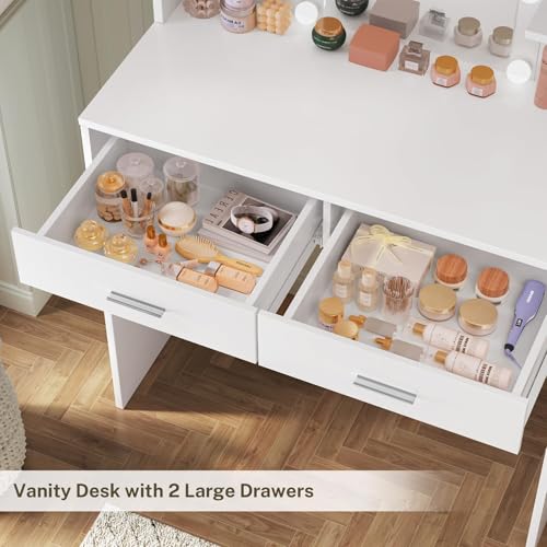 TEENFON Vanity Desk with Large Mirror & 10 Lights, Makeup Vanity with 6 Shelves, Dressing Table with 2 Drawers, 3 Color Light Adjustable for Bedroom, Modern, White