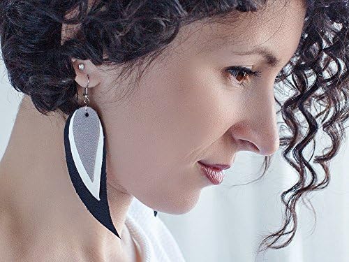 Black, white and grey Feather Leather Earrings, layered earrings, tribal Earrings, Boho earrings, dangle earrings, long earrings
