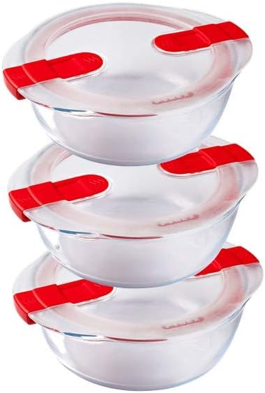 Pyrex Cook & Heat - Set of 3 identical round tins - 1L - Borosilicate glass - LunchBox - Airtight lid - Made in France