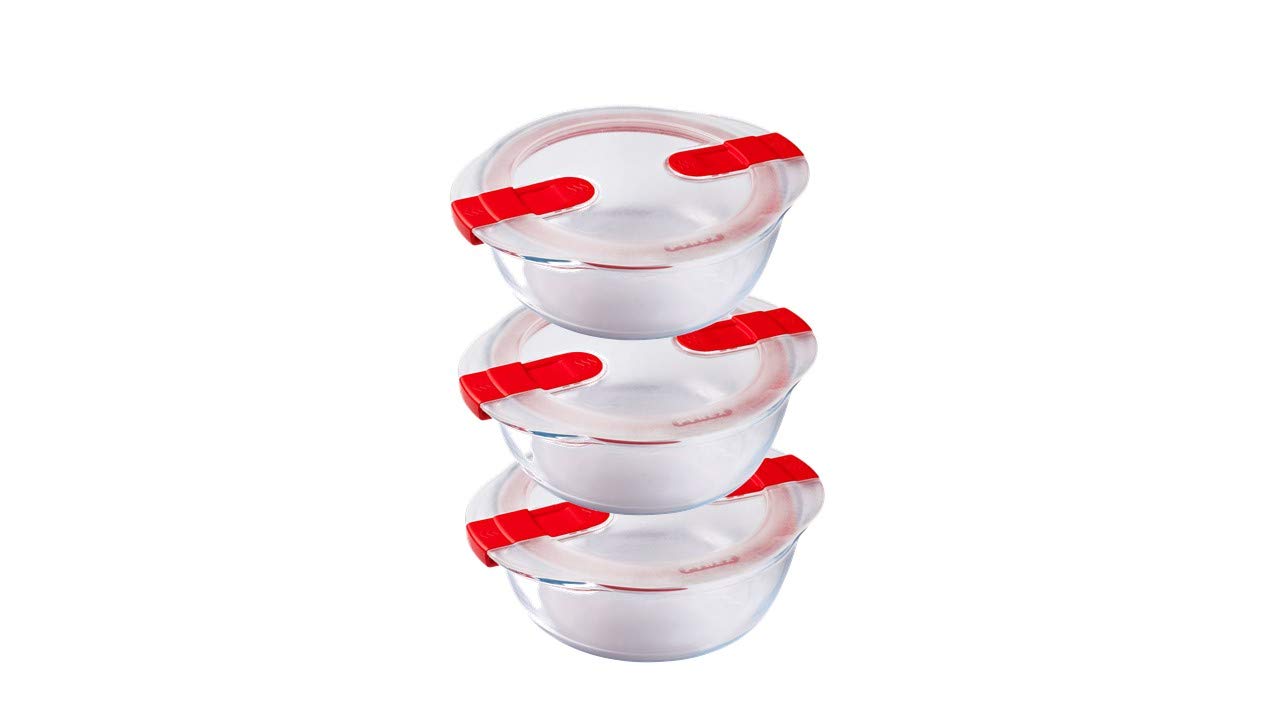 Pyrex Cook & Heat - Set of 3 identical round tins - 1L - Borosilicate glass - LunchBox - Airtight lid - Made in France