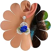 Erimberate Bohemian Blue Silky Flower Dangle Earrings Crystal Velvet Flower Drop Earrings Vintage Cz Flower Stud Earrings Silk Rose Earrings Jewelry for Women