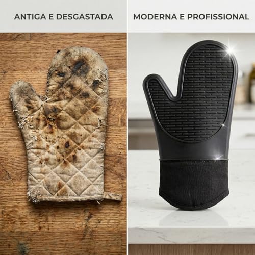 Luva de Silicone Térmica Resistência Suporta calor até 220°C Forro Interno Macio À Prova de Calor Antiderrapante e Impermeável Luva Para Forno e Fogão Premium Segurança e Conforto (Preto)