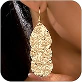 Unique Gold Hammered Teardrop Waterdrop Disc Dangle Drop Earrings for Women, Statement Lightweight Pleated Dangling Earring Trendy Party Jewelry Gifts