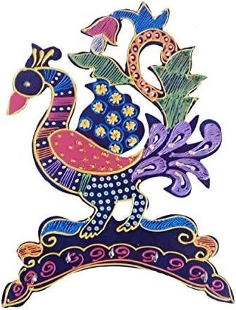 SAPTASHRI Wooden & Paper Mache Peacock Shape Five Key Holder with Kundan Work Showpiece 12” x 9” x 1.5” Hand made using Acrylic