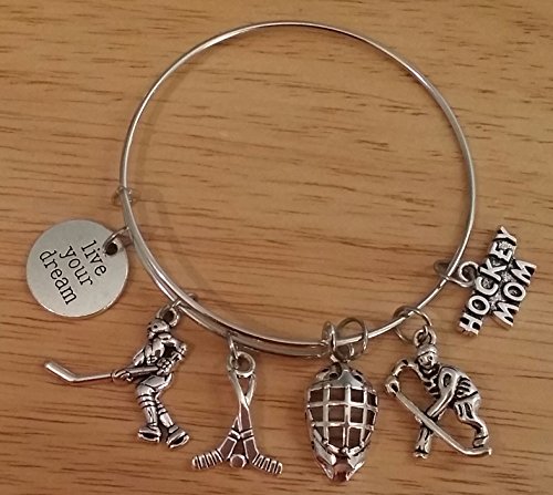 Kit's Kiss Hockey Bracelet, Hockey Jewelry, Hockey Mom Bracelet, Hockey Charm, Player Charm, Hockey Helmet Charm, Hockey Stick Charm, Gift for Hockey Fans, Sports Bracelet, Hockey Bangle Bracelet