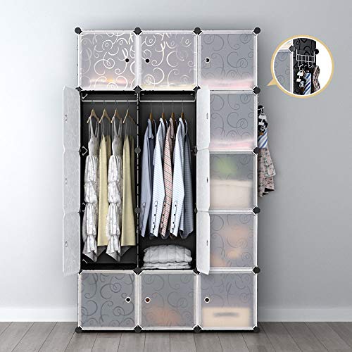 GEORGE&DANIS Portable Wardrobe Plastic Modular Closet Organization Customizable Cube Storage Organizer Bedroom Armoire Dresser, Black, 2 Hangers & 9 Cubes