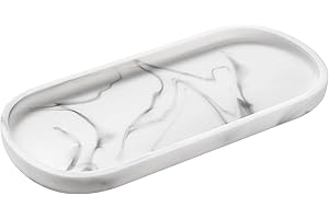Emibele Oval Vanity Tray, 10" Bathroom Countertop Organizer Tray, Kitchen Sink Sponge Holder Soap Dispenser Resin Marble Tray for Perfume Jewelry Candle, Small, White Marble