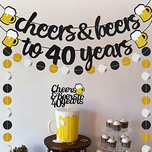 40-Years-Anniversary-Decorations-Cheers-Beers-to-40-Years-Banner-with-40th-Years-Old-Cake-Topper-Black-Glittery-Circle-Dots-Garland-for-40th-Birthday-Wedding-Party-Supplies-Decorations-PRESTRUNG