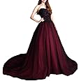 Women's Gothic Black Lace Long Tulle Beaded Ball Gown Wedding Prom Dress Formal