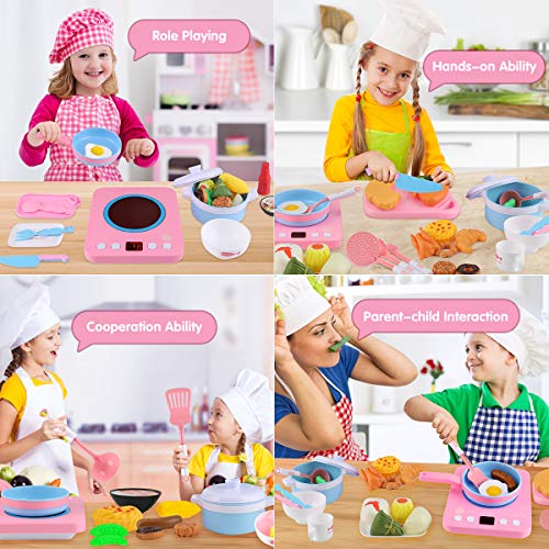 Kids Kitchen Pretend Play Accessories Toys,MOICO 38pcs Pretend Toy Kitchen Cookware Playset Pots and Pans Cooker with Light Sound,Cooking Utensils, Food Play Set for Toddlers Girls Boy Birthday Gifts