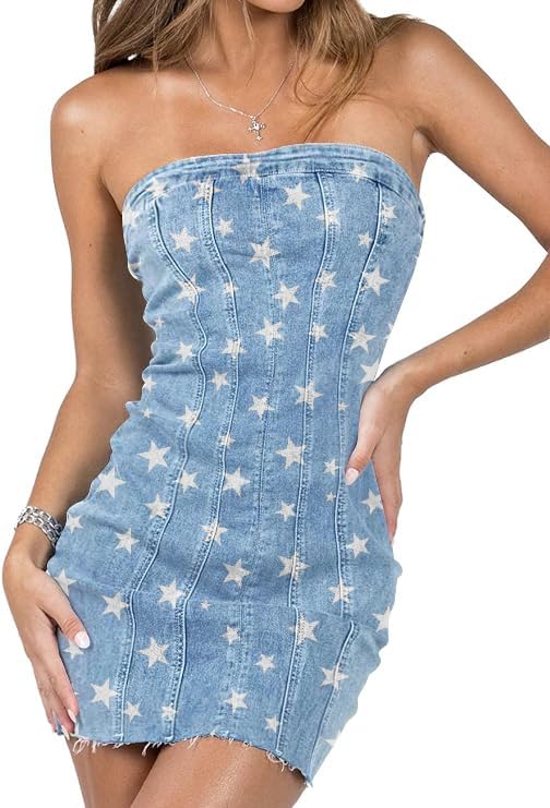 Photo 1 of Fronage 4th of July Dress for Women Sleeveless American Flag Star Graphic Bodycon Denim Dress